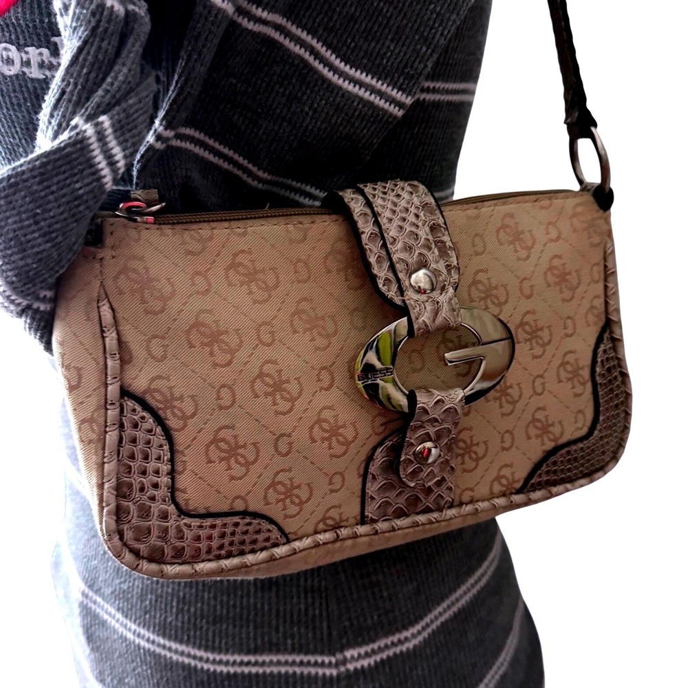 Guess Y2K Snakeskin Shoulder Bag Baguette Purse Vintage 2000s Cream Tan